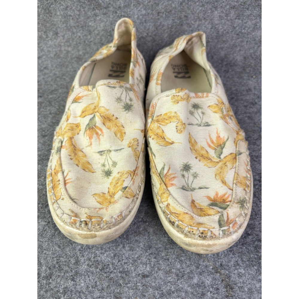 Billabong Slip On Shoes Womens 9 Yellow‎ Tropical Floral Palm Canvas Flats